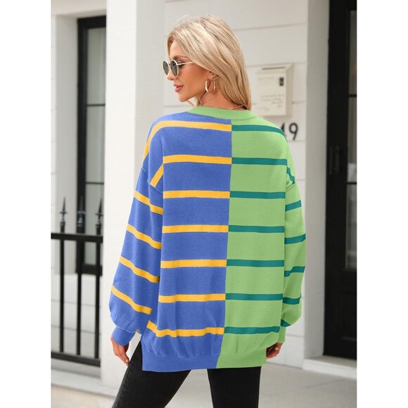 Womens Knitted Crew Neck Sweater Color Block Long Sleeve Lightweight Casual - Picture 4 of 5